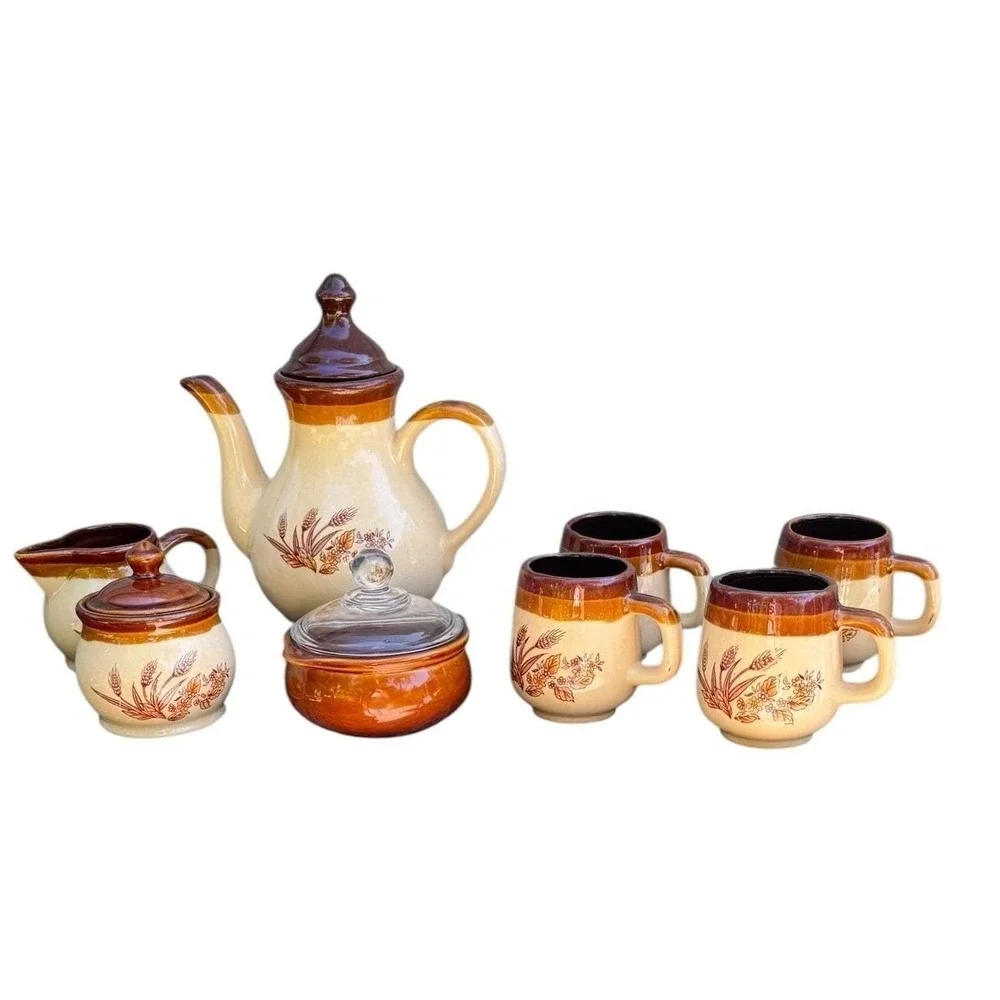Vintage Stoneware Tea Set Wheat Pattern Teapot Creamer Sugar 4 Mugs Brown Tan